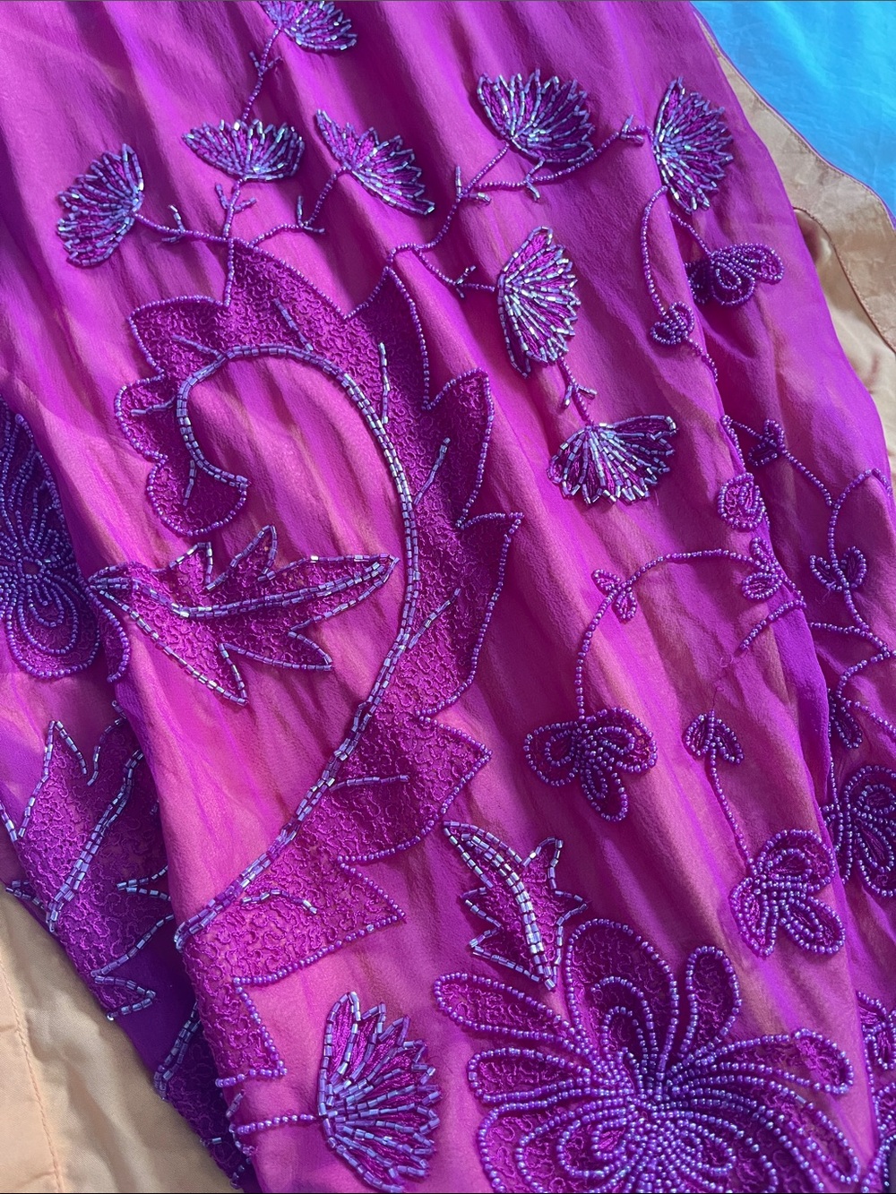 Cache vintage Y2K silk magenta hot pink orange beaded maxi dress open back - Picture 5 of 16